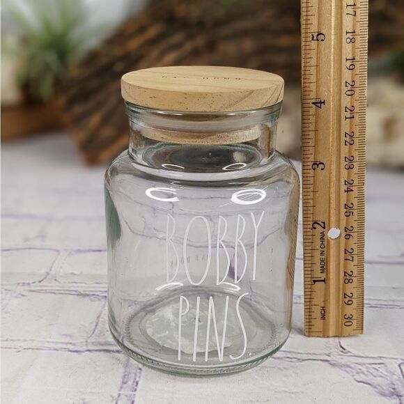 Rae Dunn BOBBY PINS Glass Jar Storage Container with Wooden Lid - Picture 5 of 6